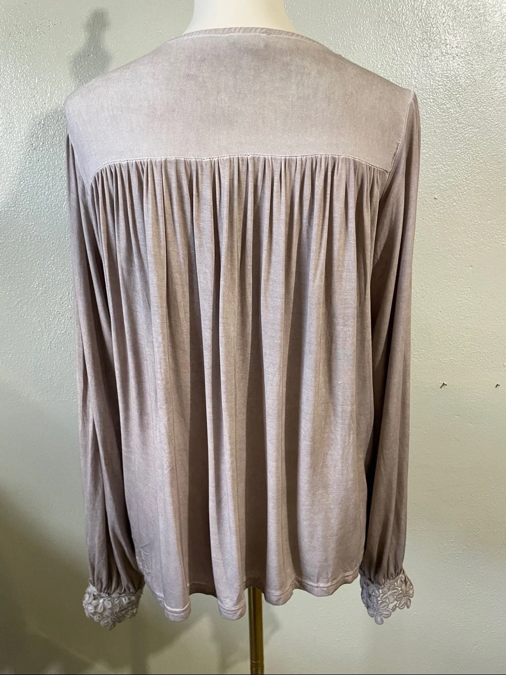 Boho Romantic Floral Appliqué Peasant Blouse Embroidered Mauve Knit Top POL Sm